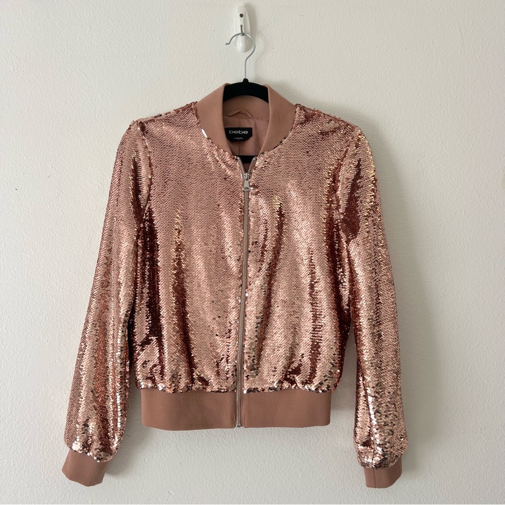 Bebe Women’s Rose Gold Sequins Pink Bomber Jacket Sparkly Vintage (XS)